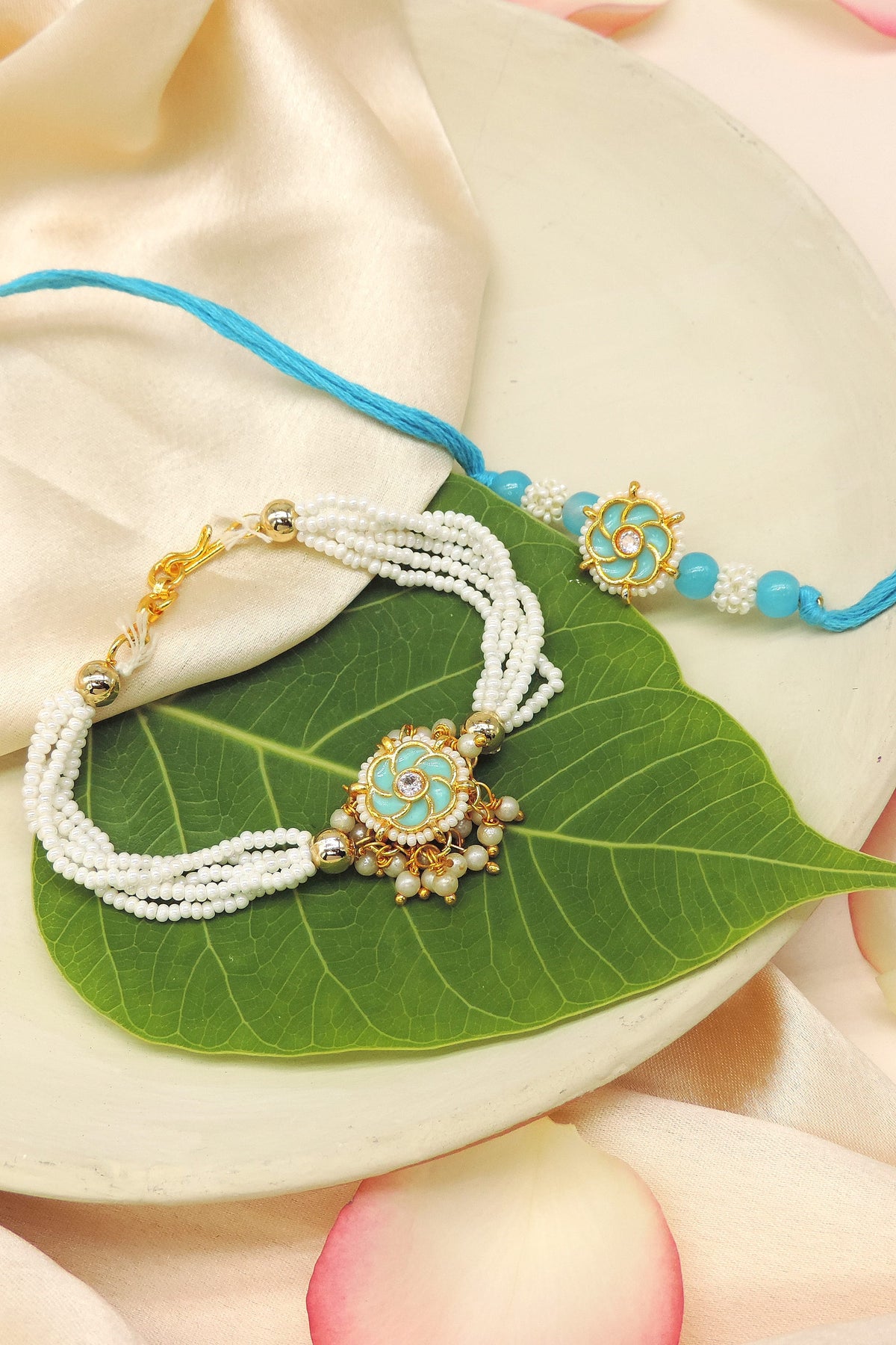 Sky Blue Floral Enamel Pearl Bhaiya Bhabhi Rakhi Set
