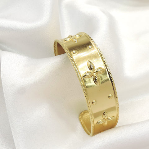 Gold Floral Engraved Wide Cuff Bracelet by Joyrias