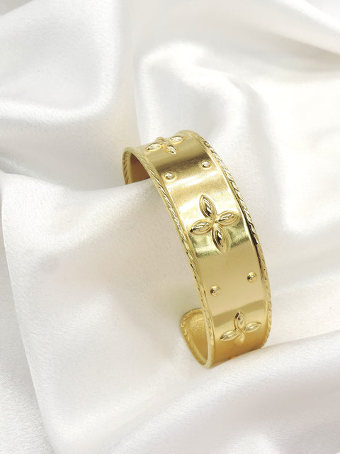 Gold Floral Engraved Wide Cuff Bracelet by Joyrias
