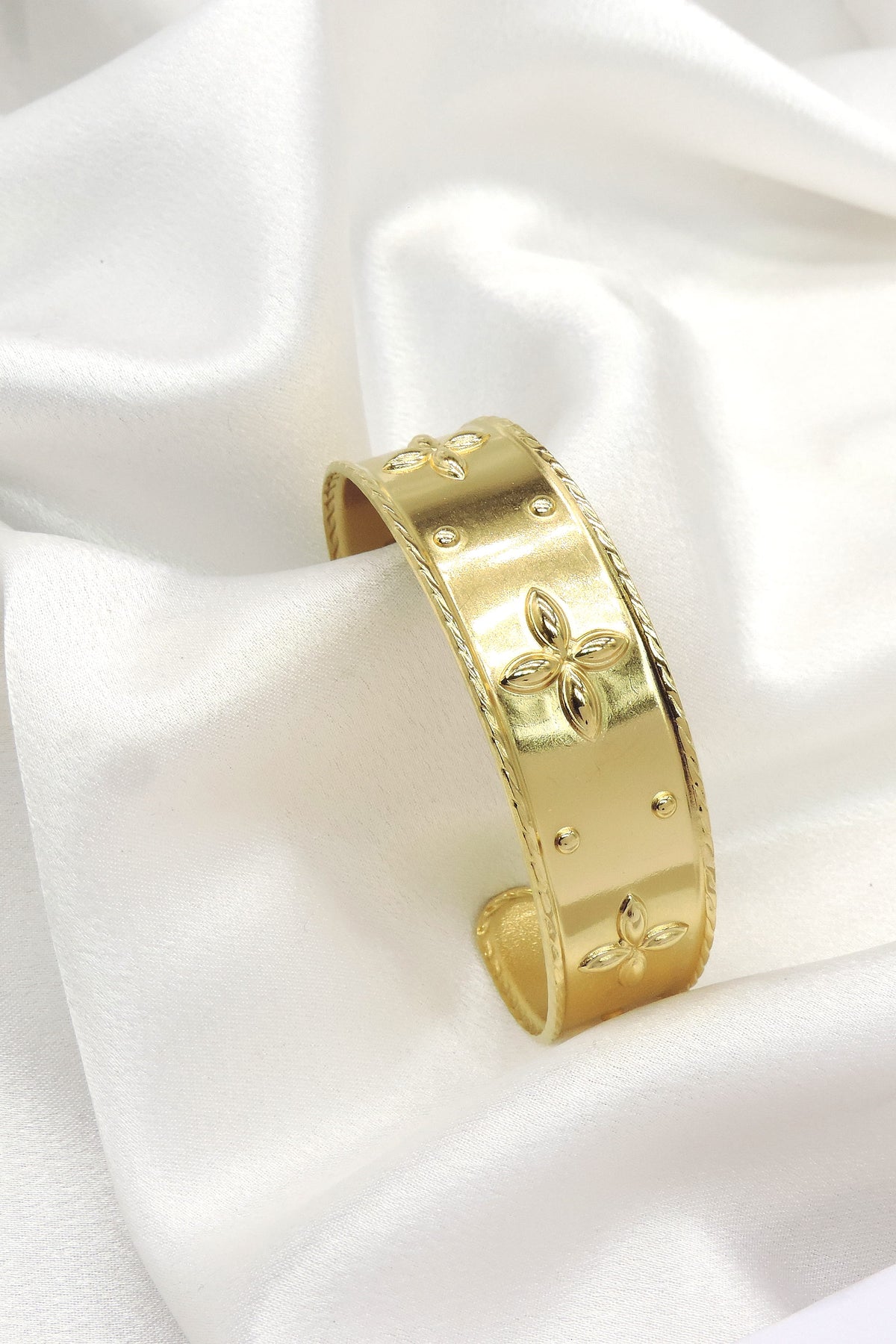 Gold Floral Engraved Wide Cuff Bracelet by Joyrias