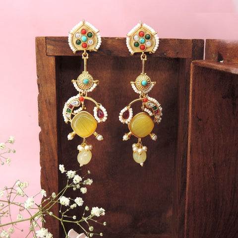 Gold plated multicolor chandbali earrings with yellow stone and pearls – Indian jewelry USA – Joyrias