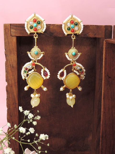 Gold plated multicolor chandbali earrings with yellow stone and pearls – Indian jewelry USA – Joyrias