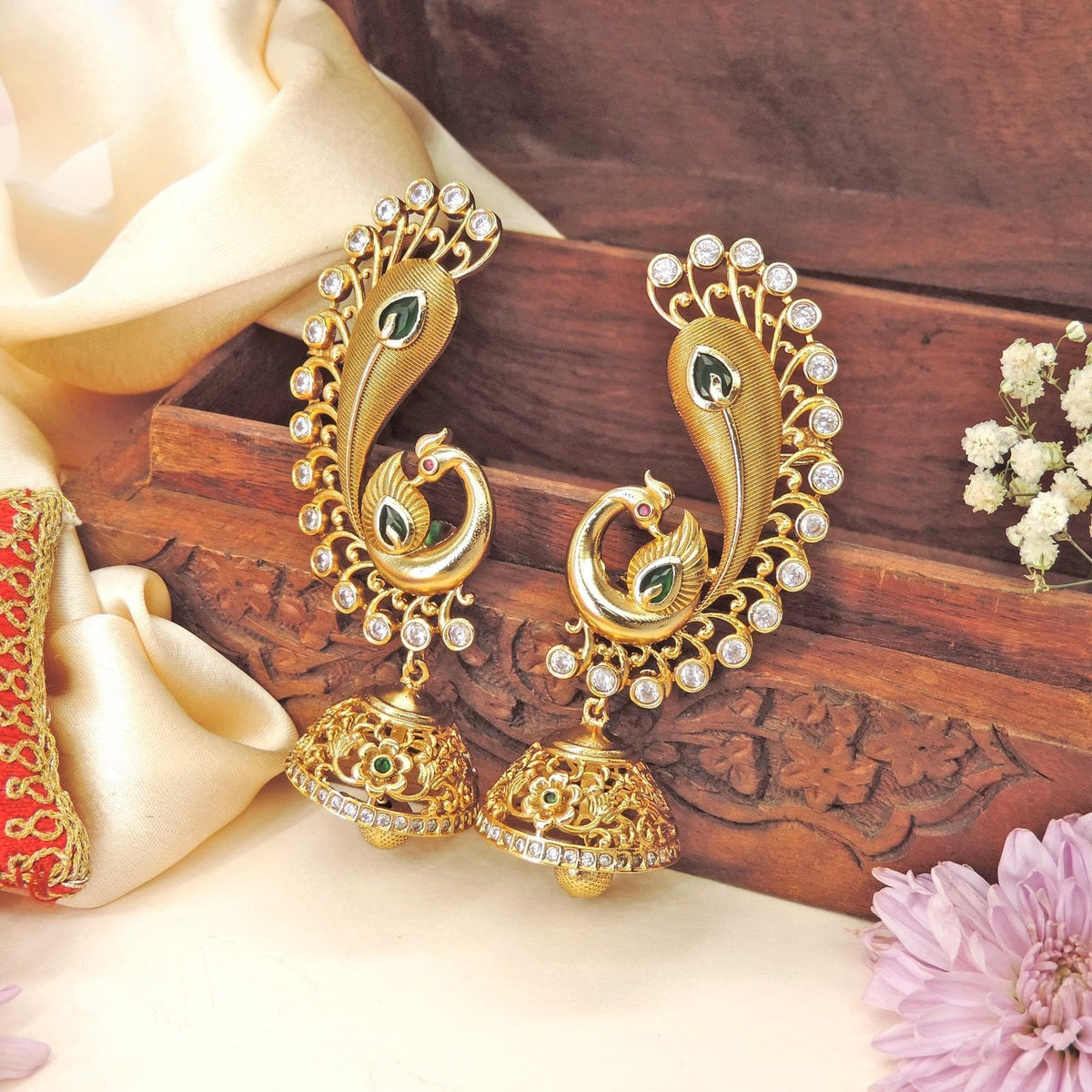Peacock statement earrings – Indian gold plated peacock earrings for festivals USA – Joyrias