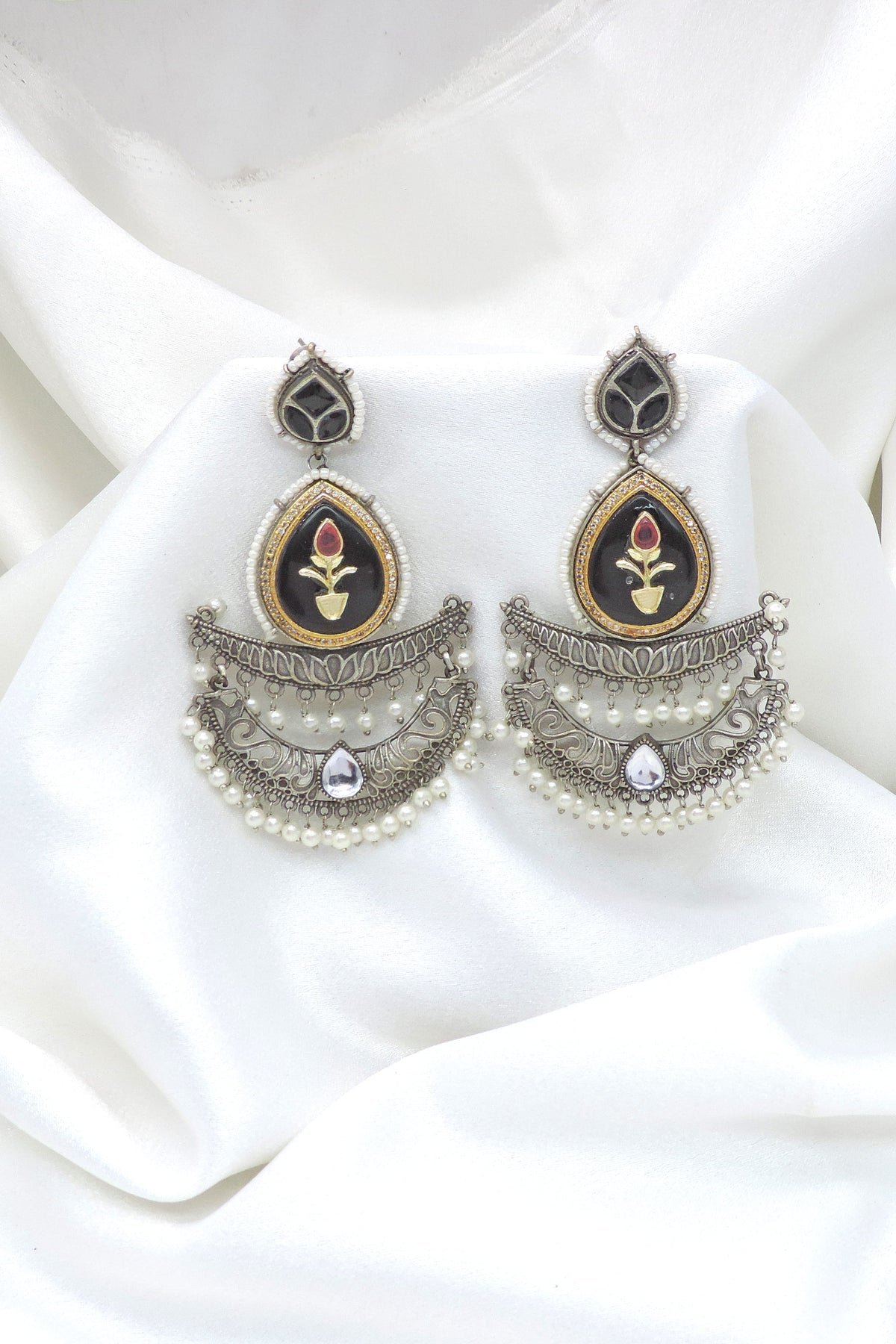 Oxidized Silver Maroon Chandbali Pearl Earrings