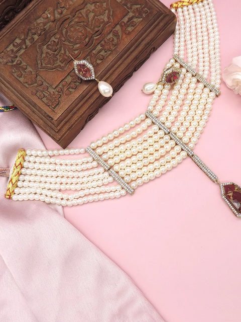 Multi layer pearl necklace with ruby red fire and zircon detailing – Indian bridal necklace USA – Joyrias