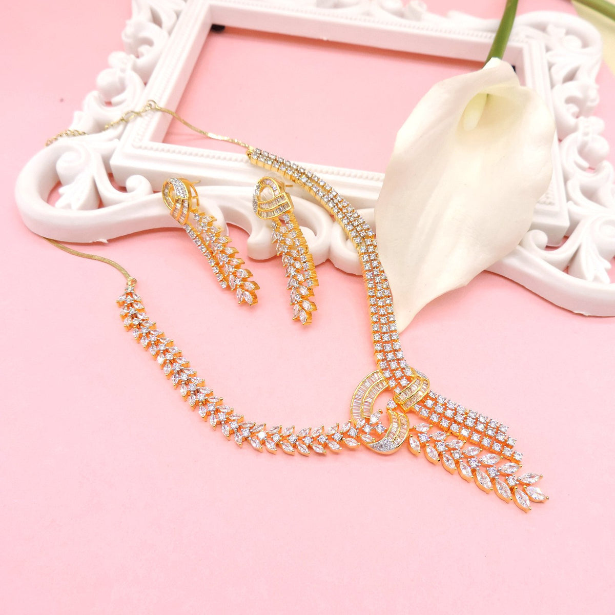 Elegant gold plated zirconia necklace set – Indian gold CZ necklace for weddings USA – Joyrias