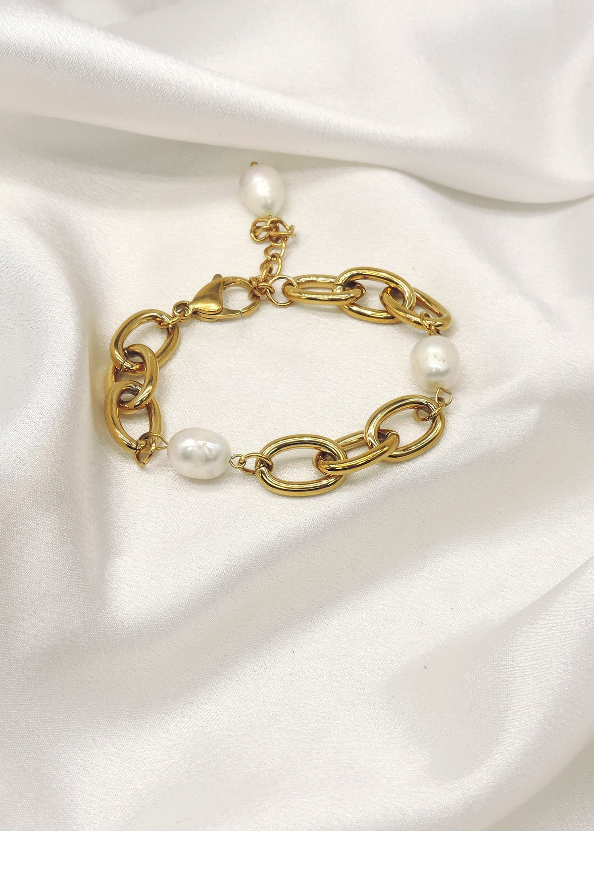 Gold Chain Pearl Bracelet by Joyrias