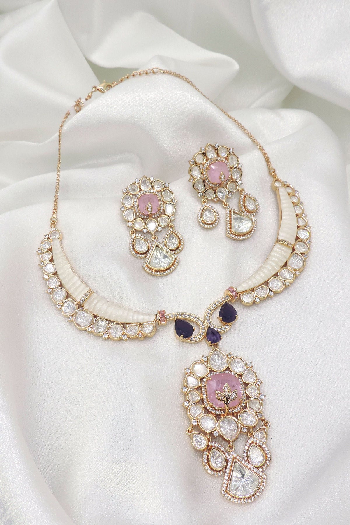 Moissanite Polki Necklace Set with Mother of Pearl | Luxury Bridal Jewelry