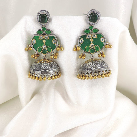 Oxidized dual-tone green stone jhumka earrings with gold-toned bead detailing by joyrias