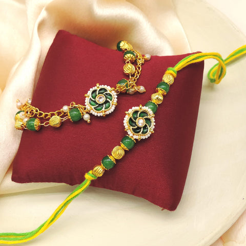 Kundan Floral Green Bead Bhaiya Bhabhi Rakhi Set