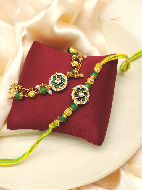 Kundan Floral Green Bead Bhaiya Bhabhi Rakhi Set