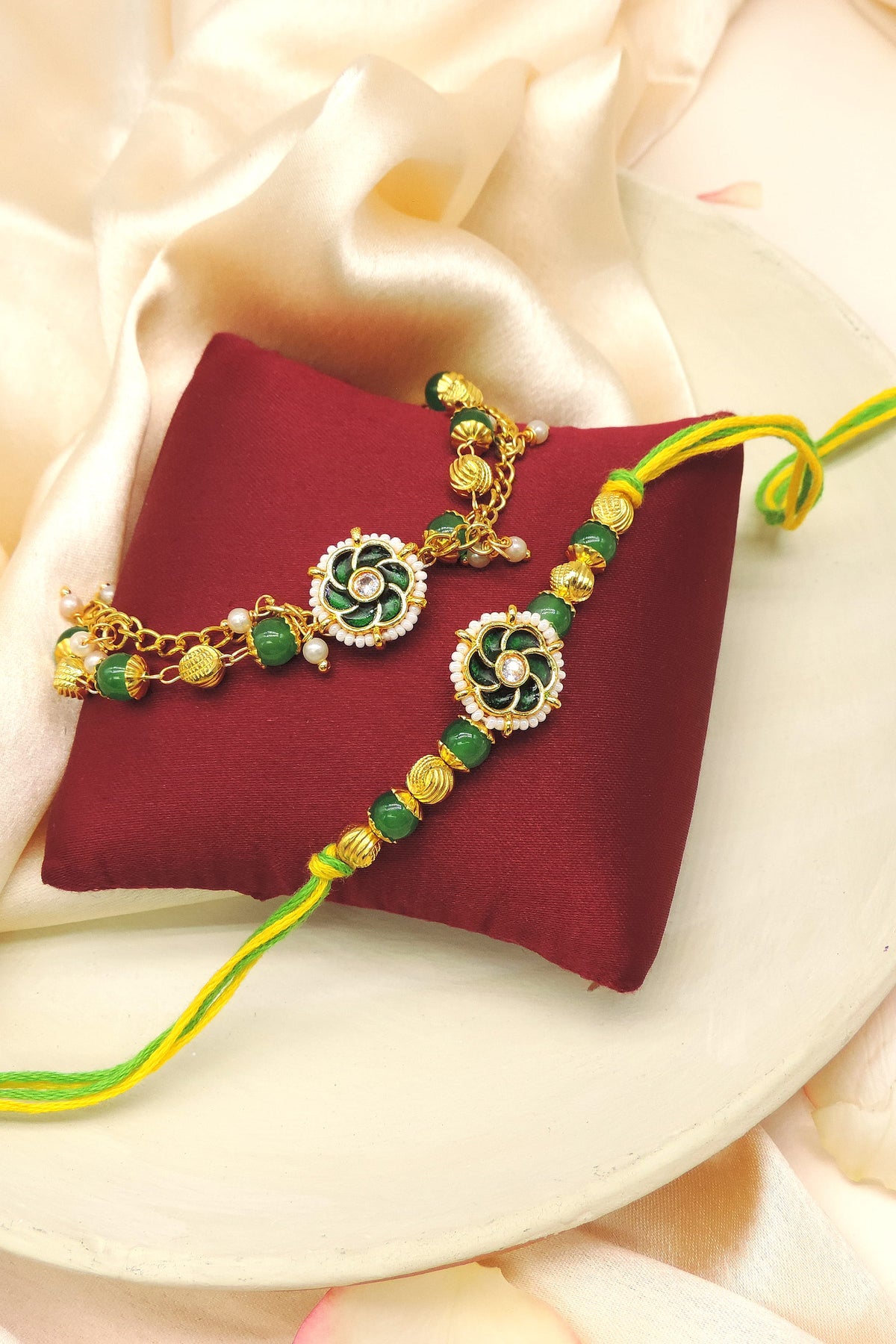 Kundan Floral Green Bead Bhaiya Bhabhi Rakhi Set