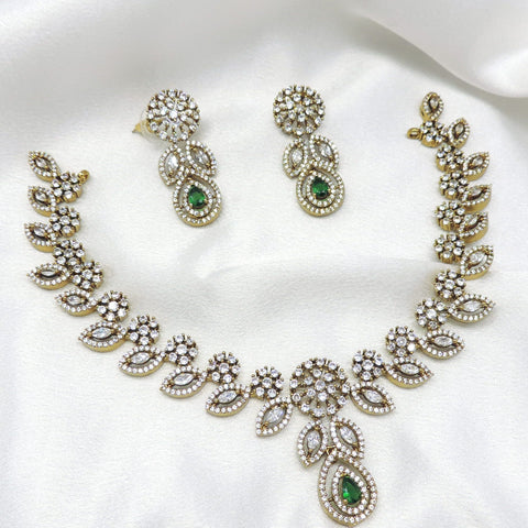 Emerald crystal leaf necklace set with matching earrings