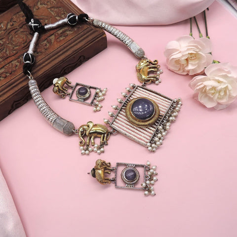 Oxidized elephant motif necklace set with blue stone – Indian ethnic necklace USA – Joyrias