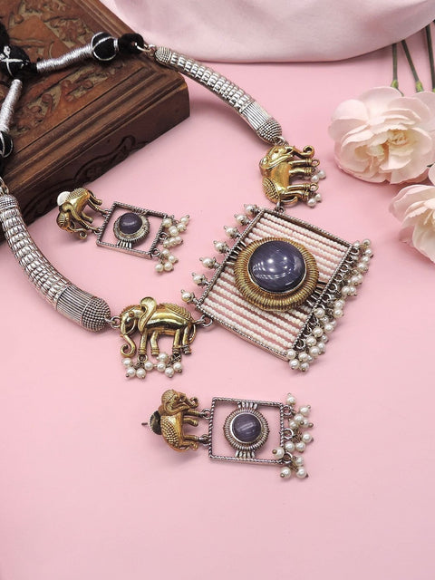 Oxidized elephant motif necklace set with blue stone – Indian ethnic necklace USA – Joyrias