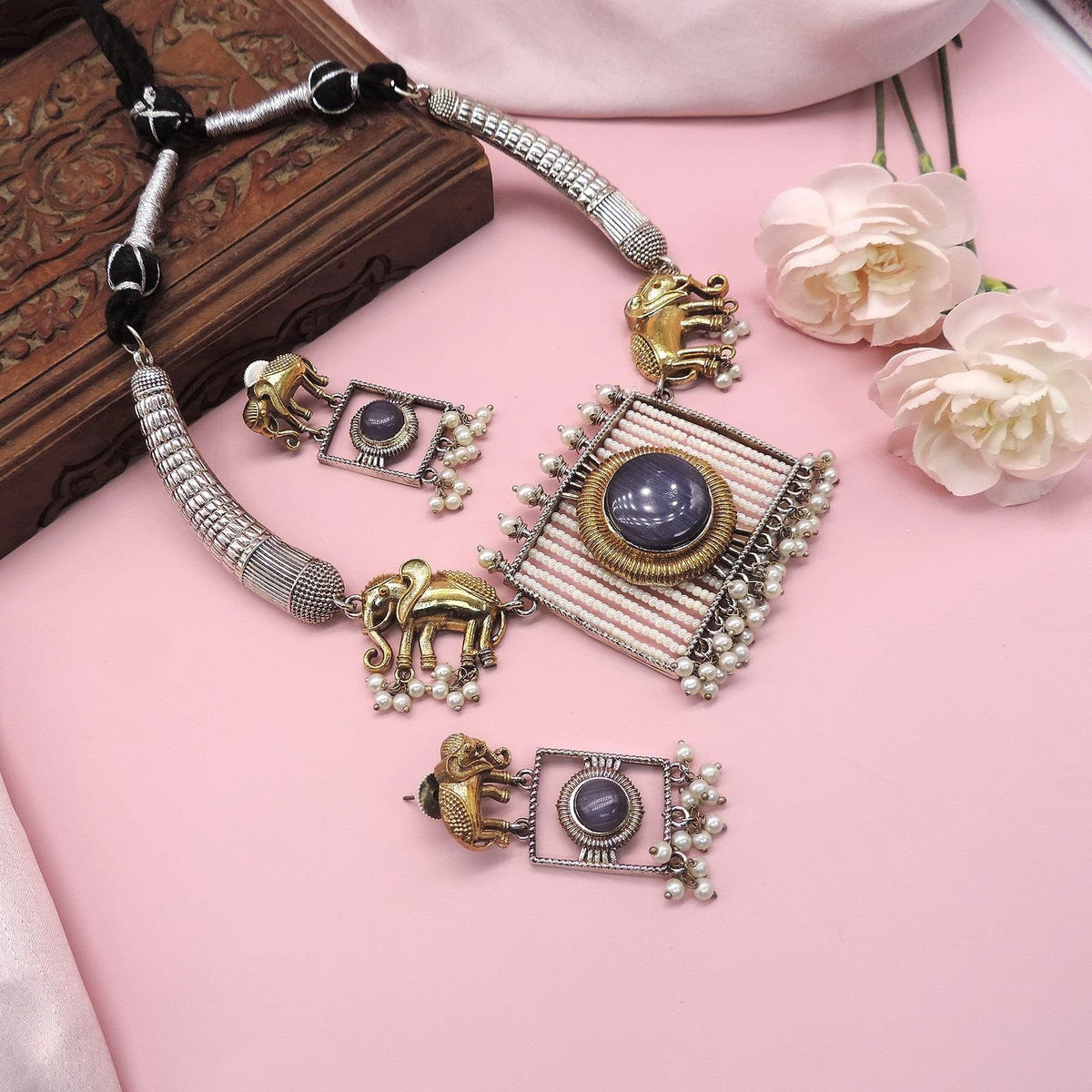 Oxidized elephant motif necklace set with blue stone – Indian ethnic necklace USA – Joyrias