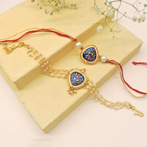 Royal Blue Pearl Bhaiya Bhabhi Rakhi Set by Joyrias