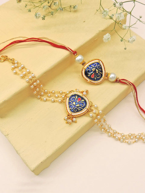 Royal Blue Pearl Bhaiya Bhabhi Rakhi Set by Joyrias