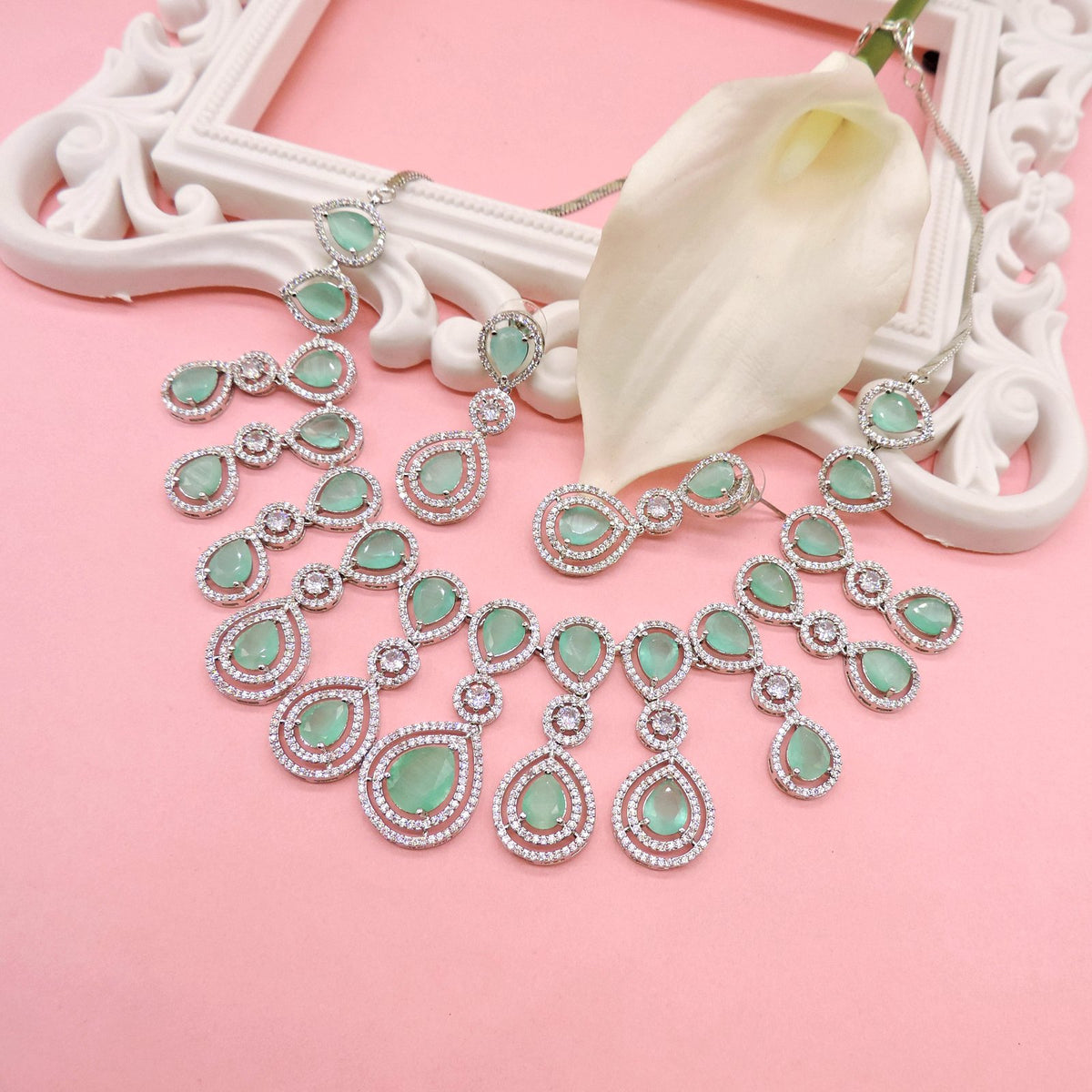 Sage green with AD necklace set – Indian American diamond sage green necklace USA – Joyrias