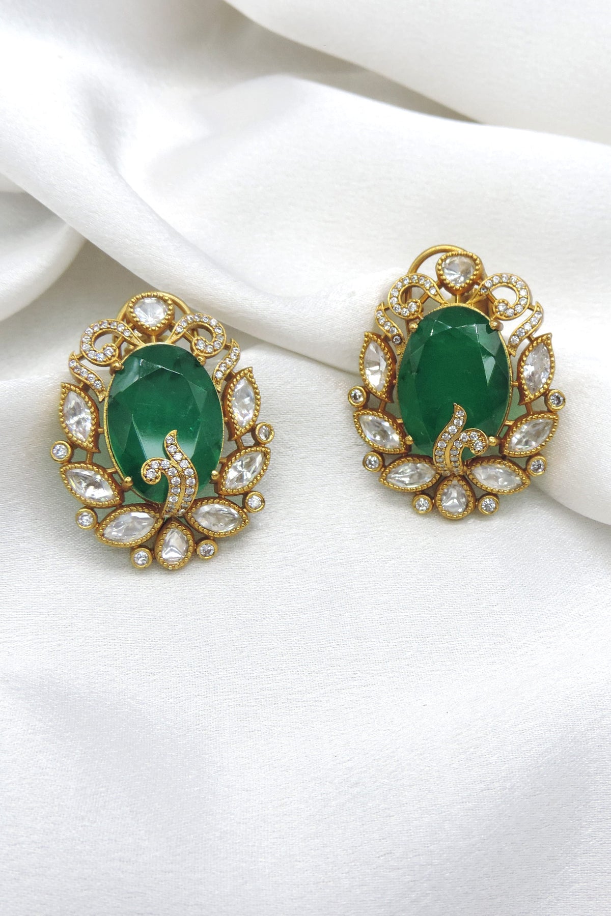 Emerald Kundan Stud Earrings by Joyrias