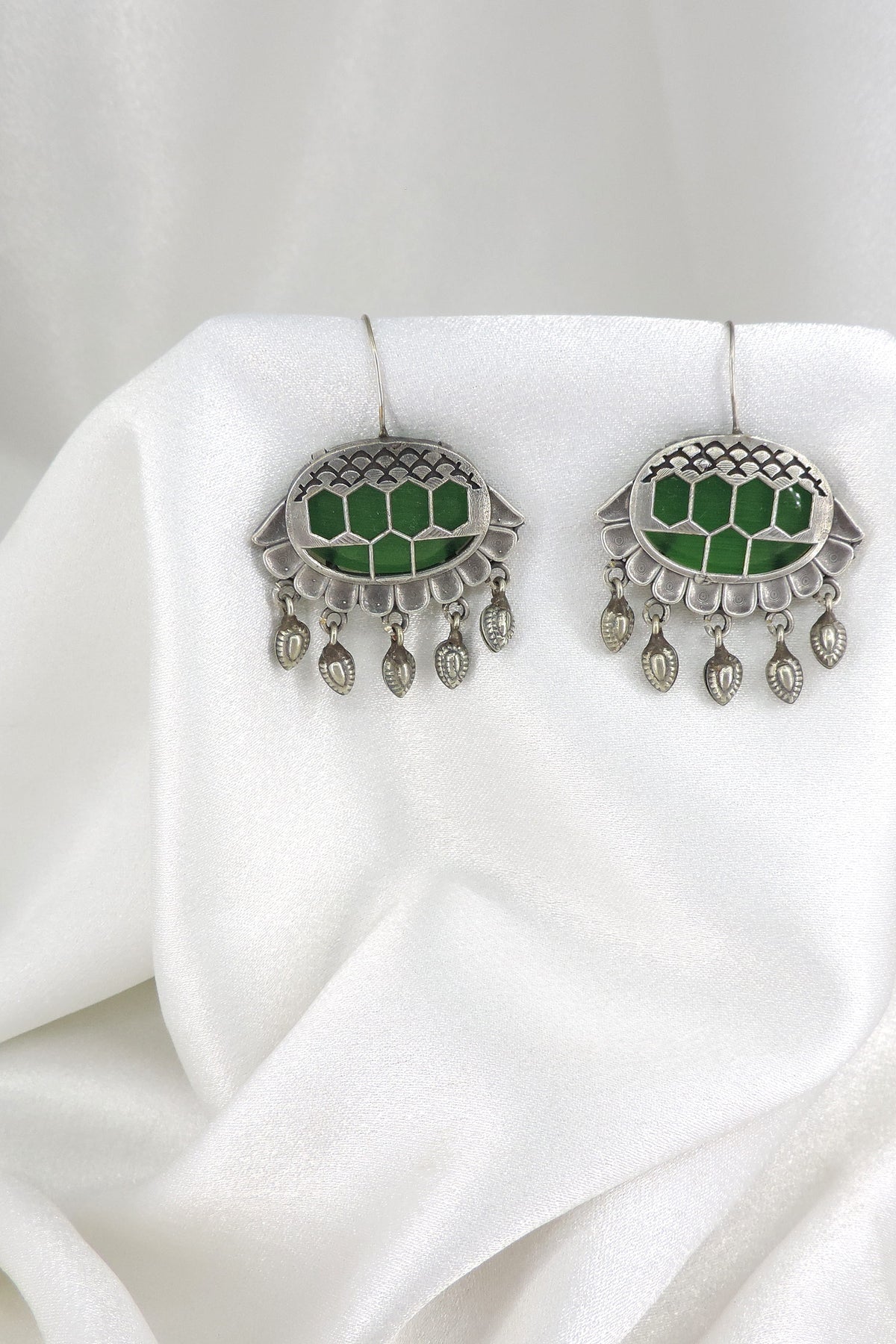 Oxidized Silver Green Enamel Geometric Drop Earrings
