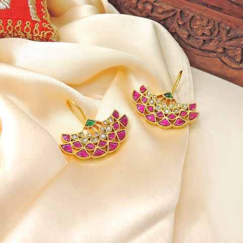 Lotus ruby earrings – Indian gold plated lotus earrings for festive wear USA – Joyrias