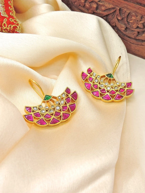 Lotus ruby earrings – Indian gold plated lotus earrings for festive wear USA – Joyrias