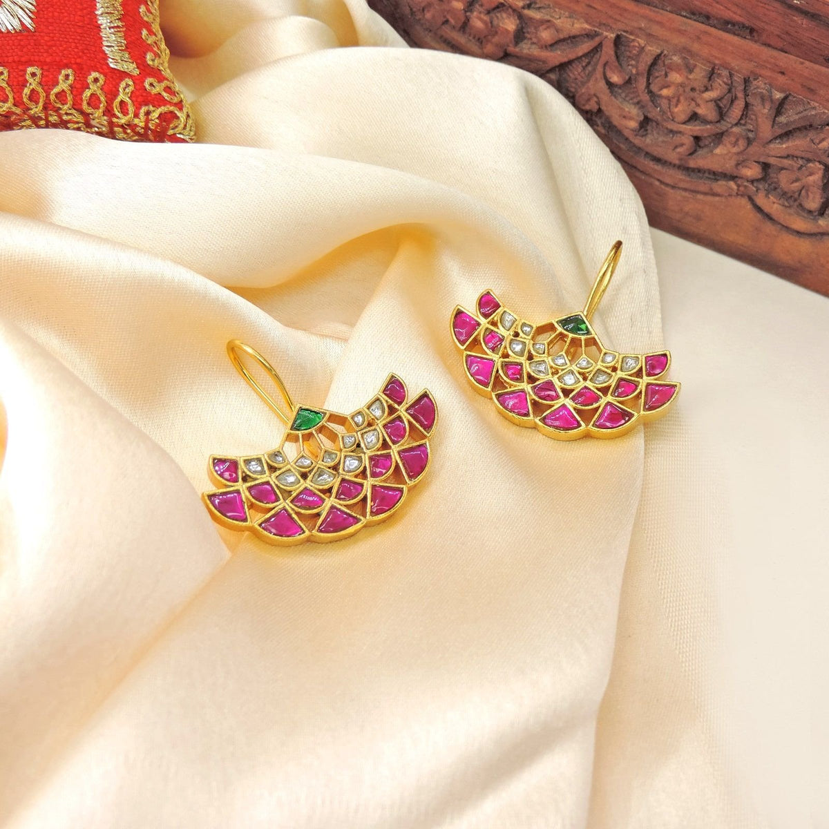 Lotus ruby earrings – Indian gold plated lotus earrings for festive wear USA – Joyrias