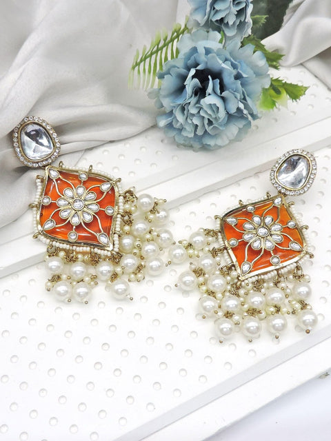 Royal chandbali jhumka earrings in orange – Indian Kundan chandbali USA – Joyrias