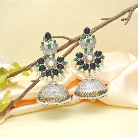 Black green stone jhumka earrings – long lightweight Indian jhumka USA – Joyrias