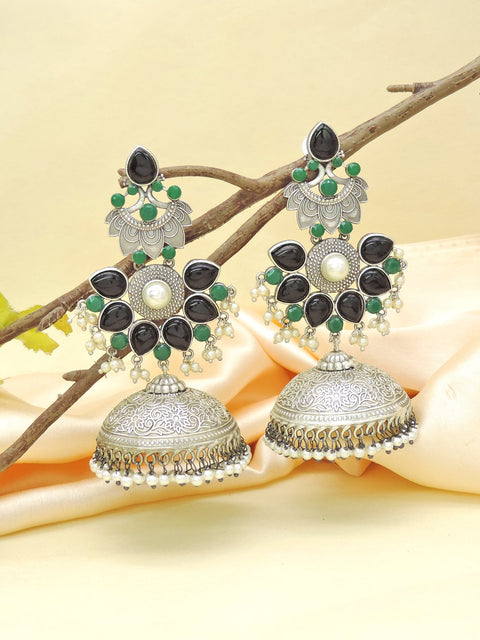 Black green stone jhumka earrings – long lightweight Indian jhumka USA – Joyrias