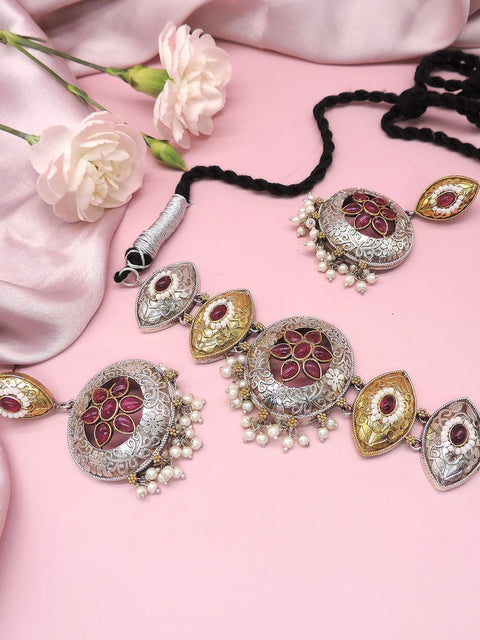 Oxidized silver choker with ruby red floral detailing – Indian festive choker necklace USA – Joyrias