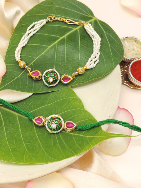 Green Meenakari Kundan Pearl Bhaiya Bhabhi Rakhi Set