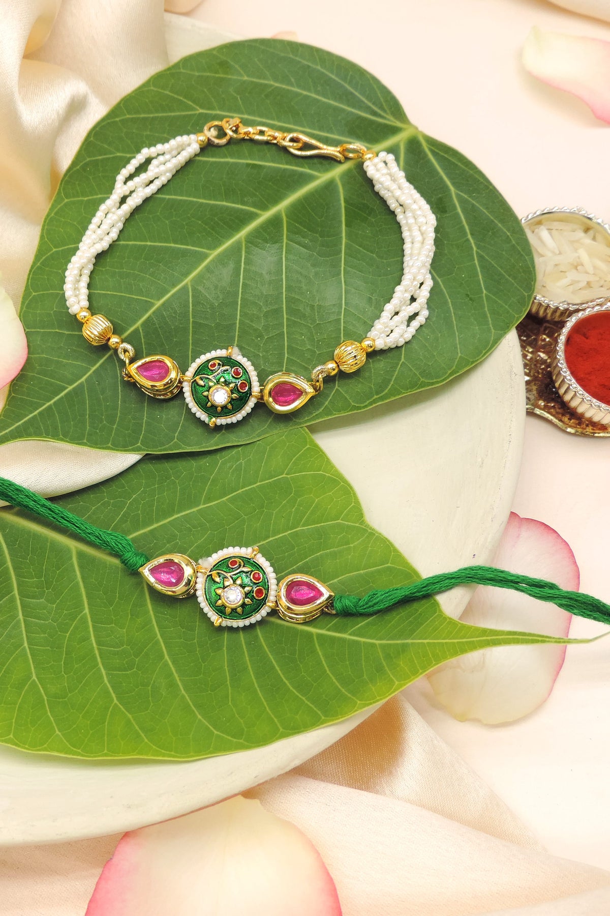 Green Meenakari Kundan Pearl Bhaiya Bhabhi Rakhi Set
