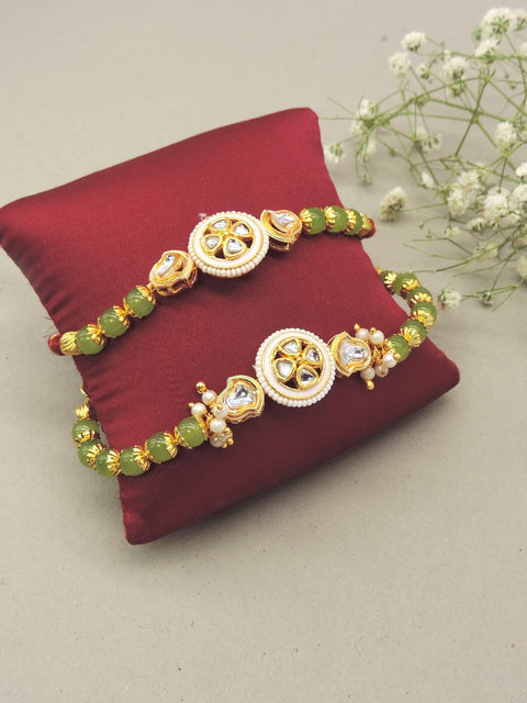 Pearl & Green Kundan Bhaiya Bhabhi Rakhi Set