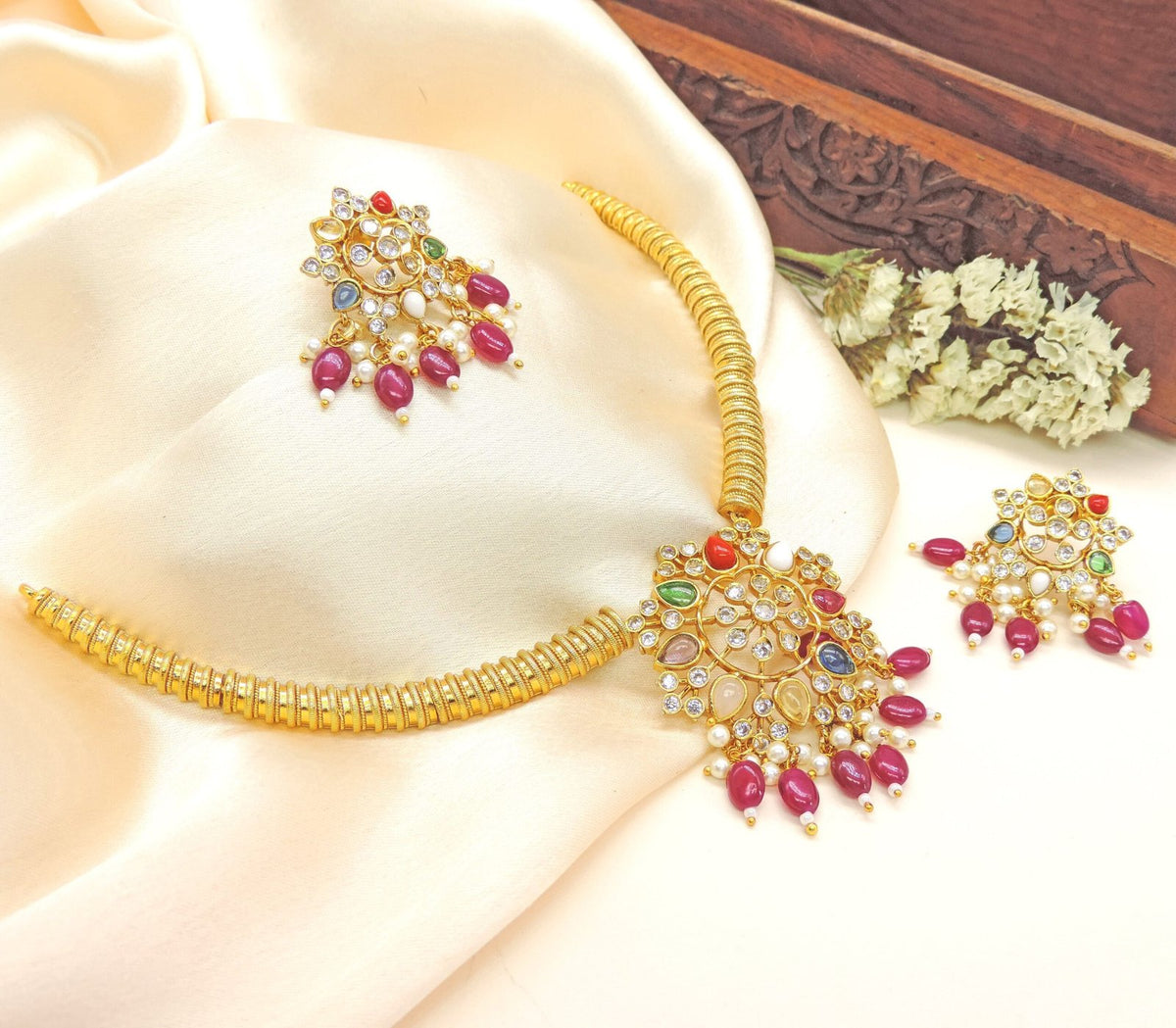 Multicolor bridal necklace set – Indian colorful bridal choker for weddings USA – Joyrias