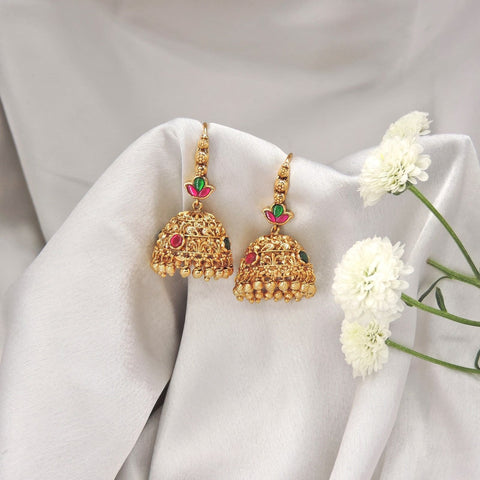 Traditional gold jhumka with red and green enamel – Indian meenakari jhumka USA – Joyrias
