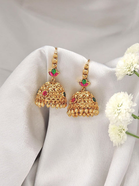 Traditional gold jhumka with red and green enamel – Indian meenakari jhumka USA – Joyrias