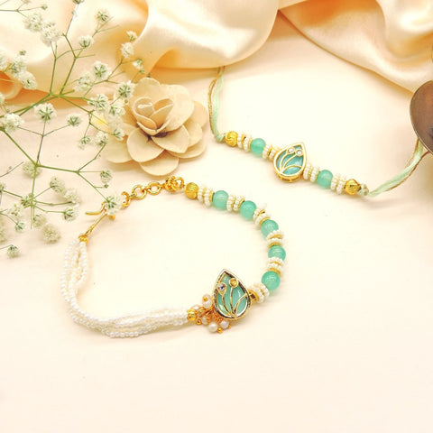 Mint Lotus Bhaiya Bhabhi Rakhi Set by Joyrias
