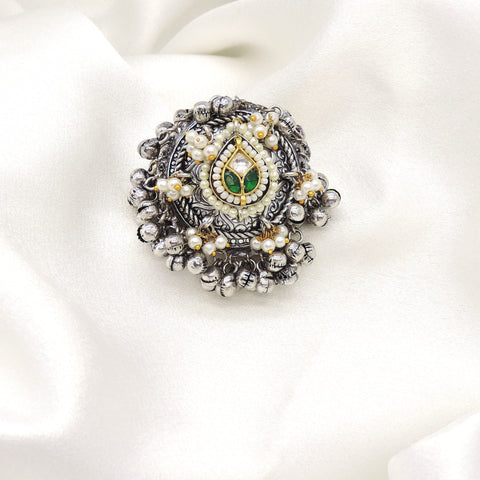 Oxidized green pearl kundan ring with intricate antique detailing from joyrias