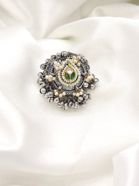 Oxidized green pearl kundan ring with intricate antique detailing from joyrias
