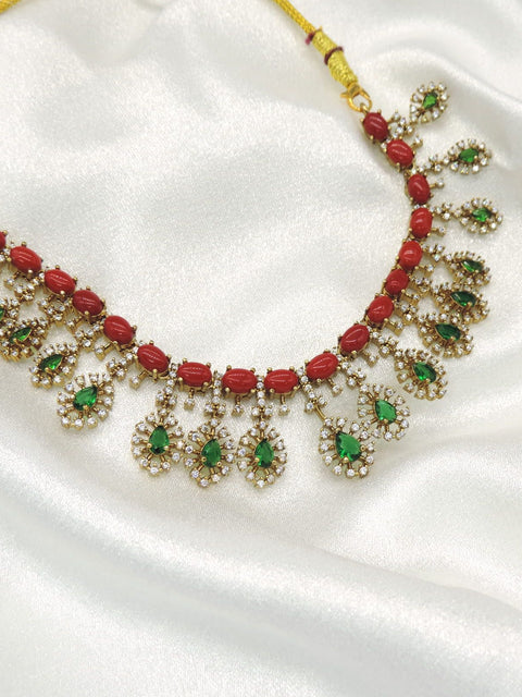 Elegant Coral & Green AD Necklace Set
