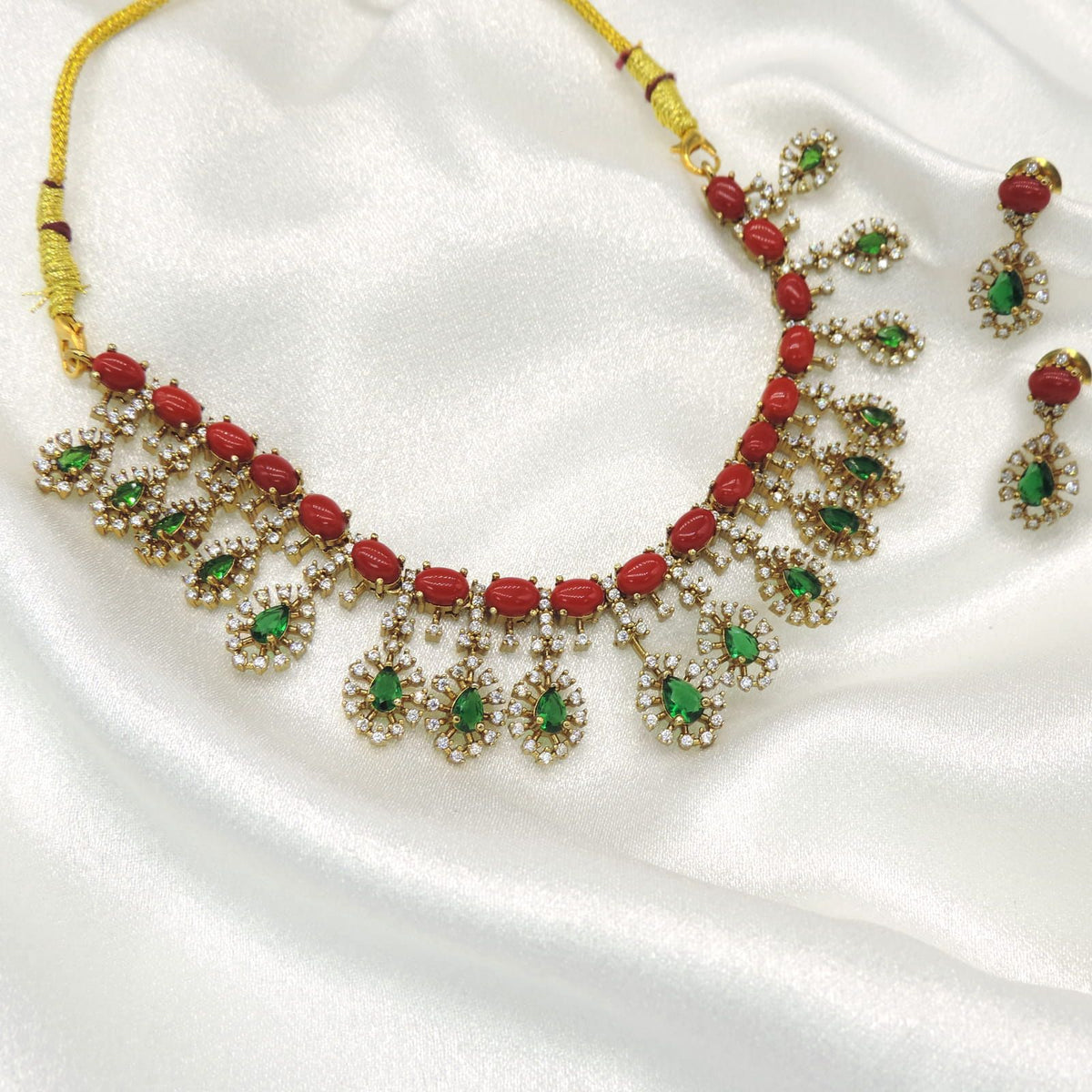 Elegant Coral & Green AD Necklace Set