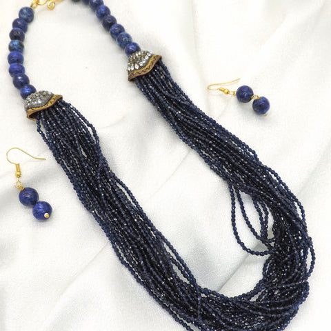 Midnight blue layered bead statement necklace set with matching earrings