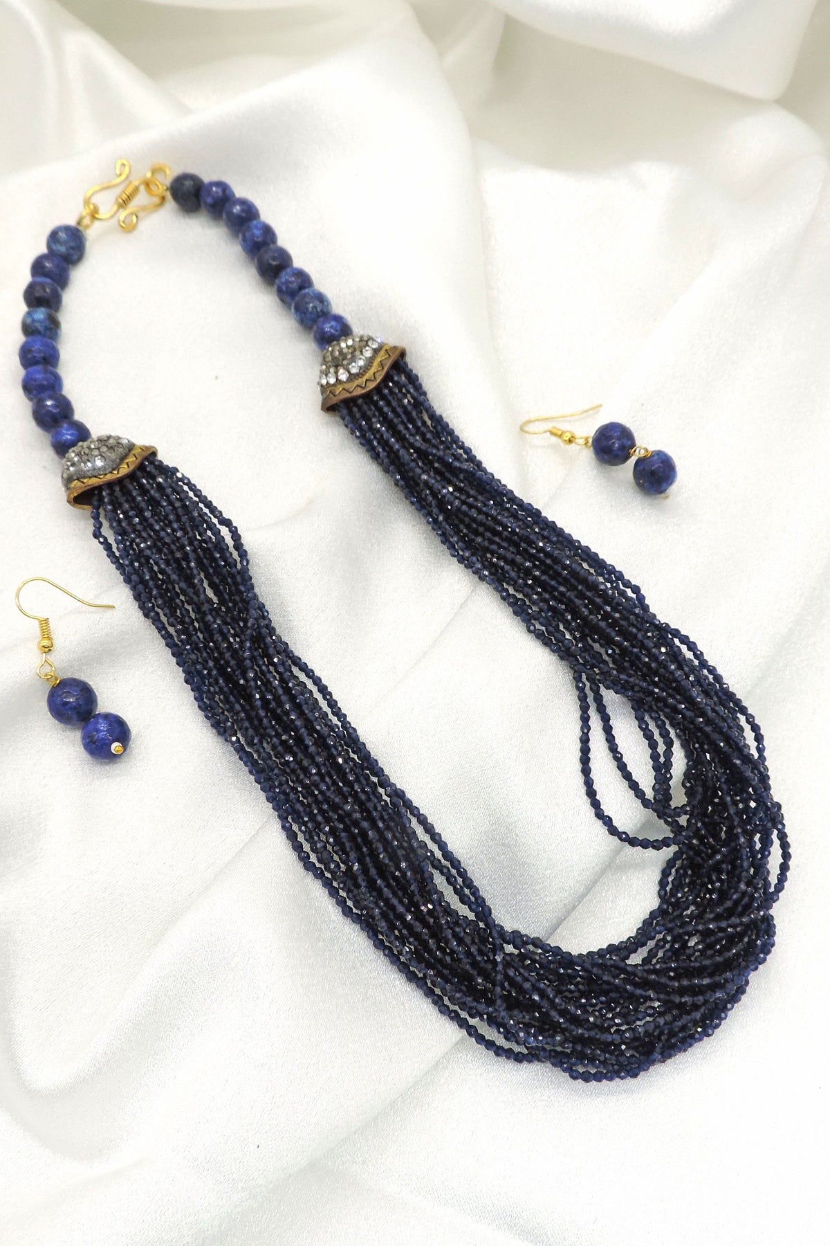 Midnight blue layered bead statement necklace set with matching earrings