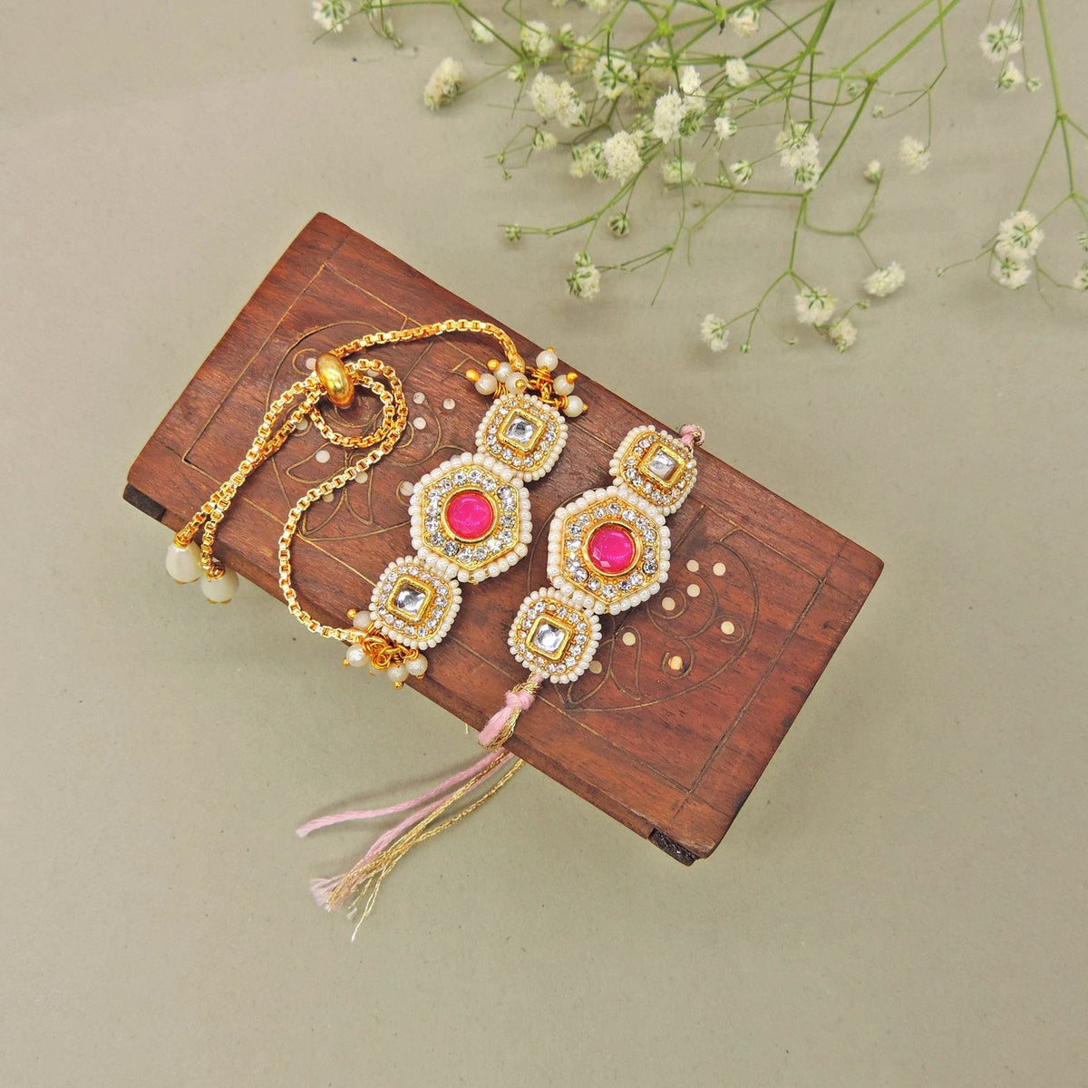 Pink Stone Bhaiya Bhabhi Rakhi Set by Joyrias