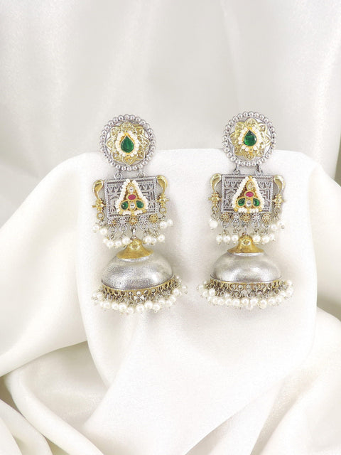 Dual-tone green red temple jhumka earrings with pearl detailing by joyrias