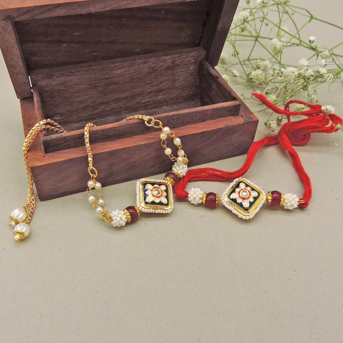Midnight Floral Bhaiya Bhabhi Rakhi Set by Joyrias