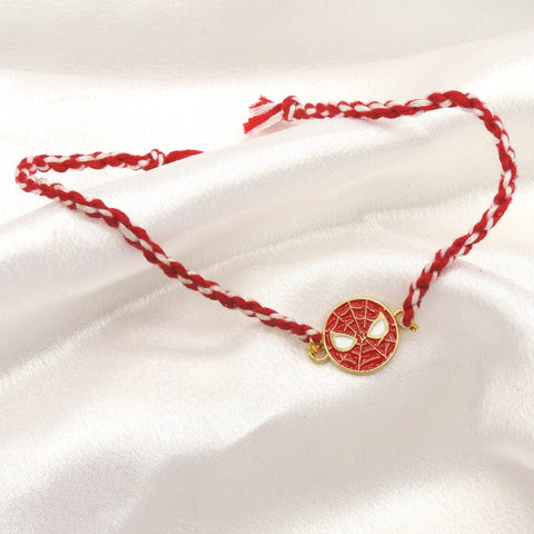 Spiderman kids rakhi with red enamel mask disc charm on braided red and white thread by Joyrias