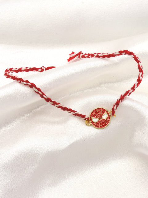 Spiderman kids rakhi with red enamel mask disc charm on braided red and white thread by Joyrias